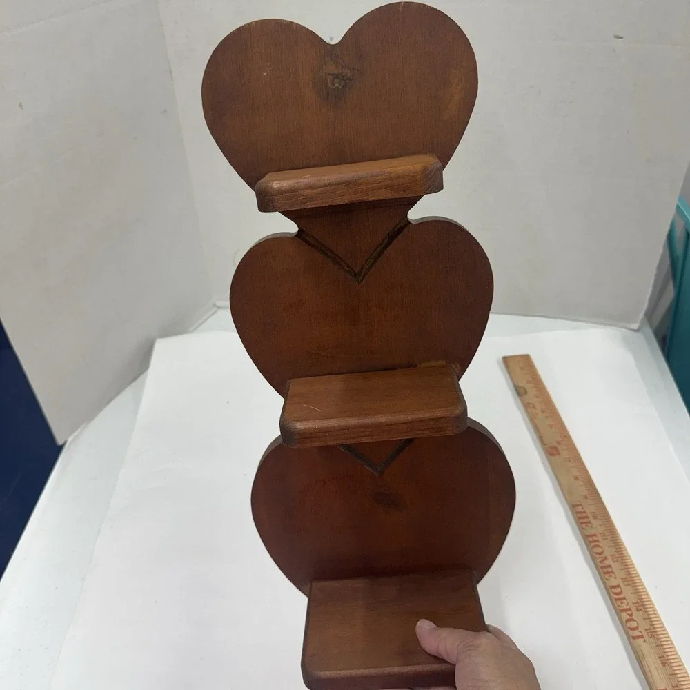 Vintage 3 Tier Wooden Heart Shaped Wall Shelf W/Peg Cottagecore Granny